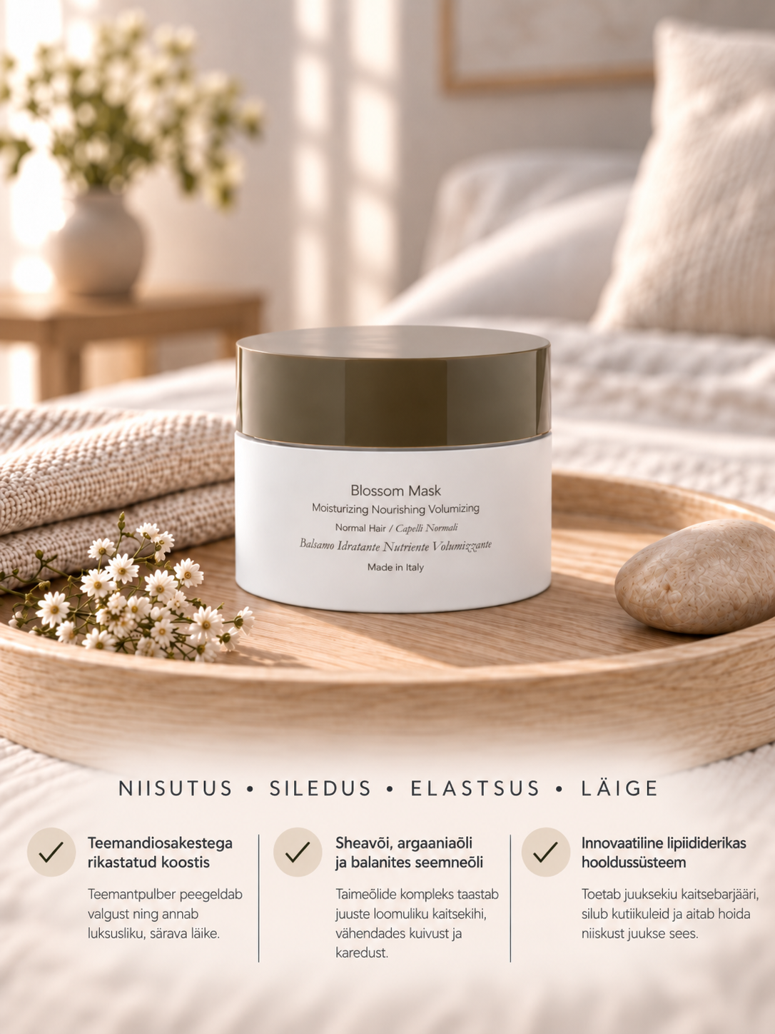 Luksuslik niisutav ja kahusust siluv juuksemask, mis aitab parandada kuivade ja elutute juuste pehmust, elastsust ja loomulikku sära.