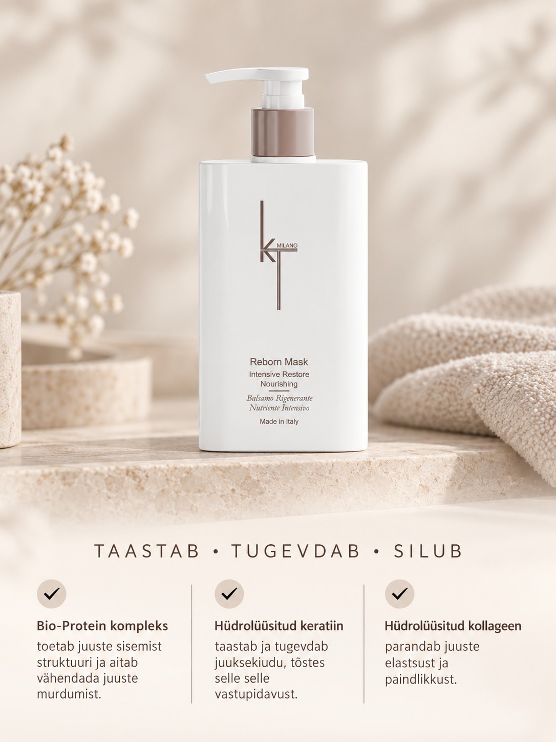 Luksuslik taastav mask, mis on loodud kahjustatud juuste tugevuse, elastsuse ja vastupidavuse taastamiseks.